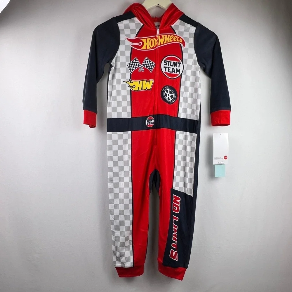 Hot Wheels Boys Kids Hooded Fleece Union Suit Pajamas Red Black M 8 NEW